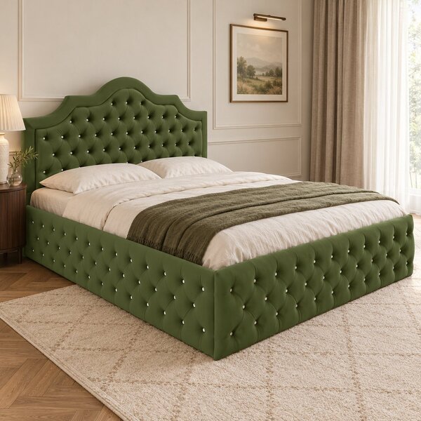 Pat tapițat Chesterfield din catifea Imperio Deluxe 140×200 cm, kaki, cu ladă de depozitare