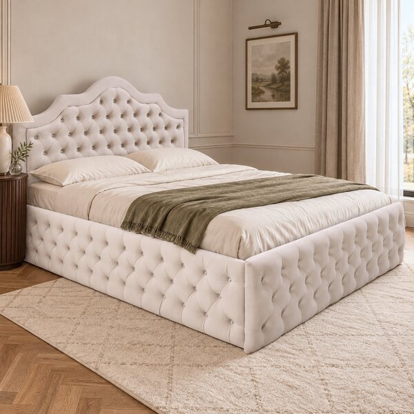 Pat tapițat Chesterfield din catifea Imperio Deluxe 140×200 cm, crem, cu ladă de depozitare
