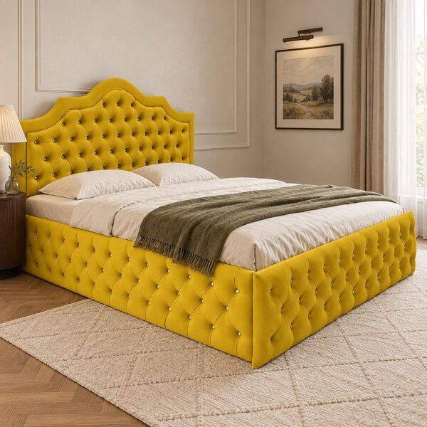 Pat tapițat Chesterfield din catifea Imperio Deluxe 140×200 cm, galben muștar, cu ladă de depozitare