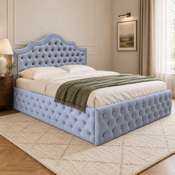 Pat tapițat Chesterfield din catifea Imperio Deluxe 140×200 cm, gri deschis, cu ladă de depozitare