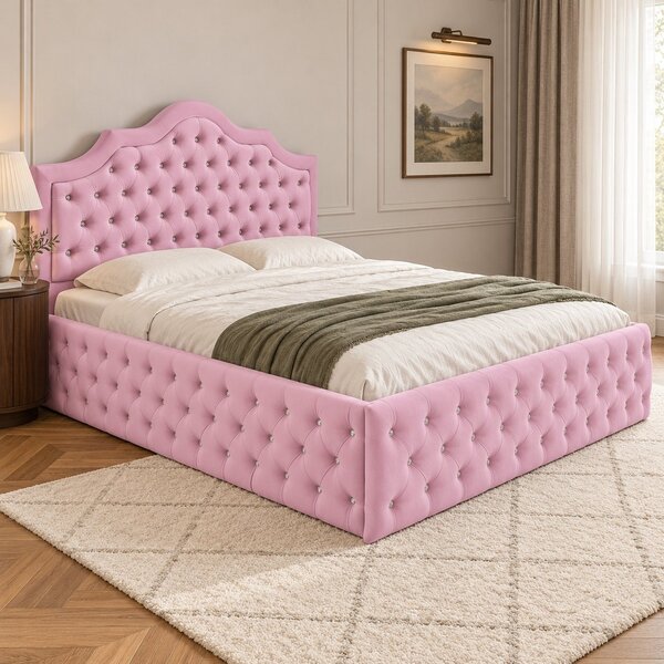 Pat tapițat Chesterfield din catifea Imperio Deluxe 140×200 cm, roz, cu ladă de depozitare