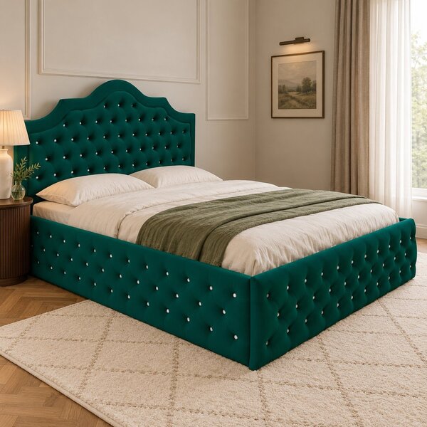 Pat tapițat Chesterfield din catifea Imperio Deluxe 140×200 cm, verde, cu ladă de depozitare