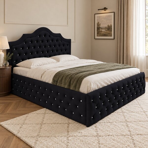 Pat tapițat Chesterfield din catifea Imperio Deluxe 140×200 cm, negru, cu ladă de depozitare