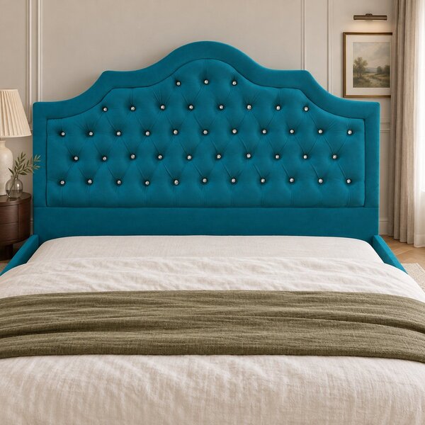 Pat tapițat Chesterfield din catifea Imperio Deluxe 140×200 cm, turcoaz, cu ladă de depozitare