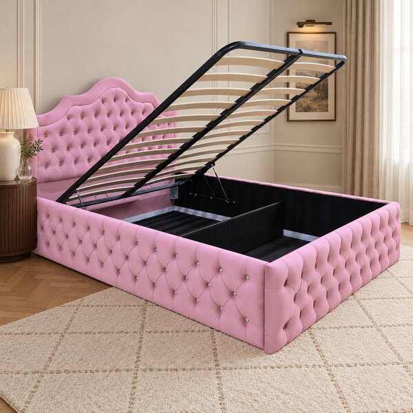 Pat tapițat Chesterfield din catifea Imperio Deluxe 140×200 cm, roz, cu ladă de depozitare