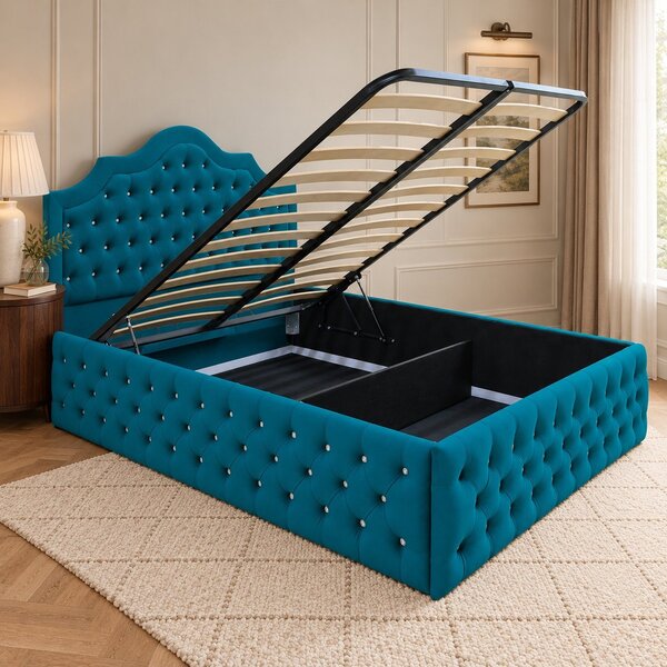Pat tapițat Chesterfield din catifea Imperio Deluxe 140×200 cm, turcoaz, cu ladă de depozitare