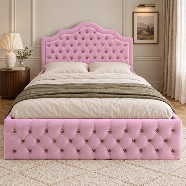 Pat tapițat Chesterfield din catifea Imperio Deluxe 140×200 cm, roz, cu ladă de depozitare