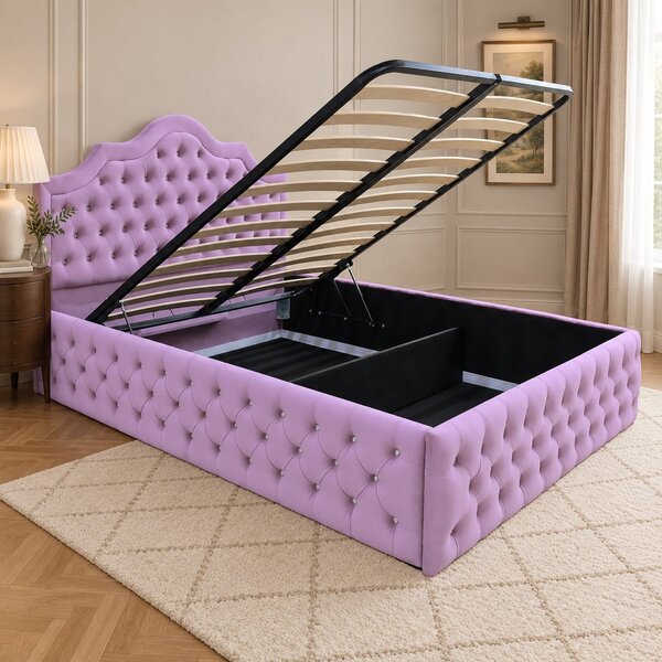 Pat tapițat Chesterfield din catifea Imperio Deluxe 140×200 cm, lila, cu ladă de depozitare
