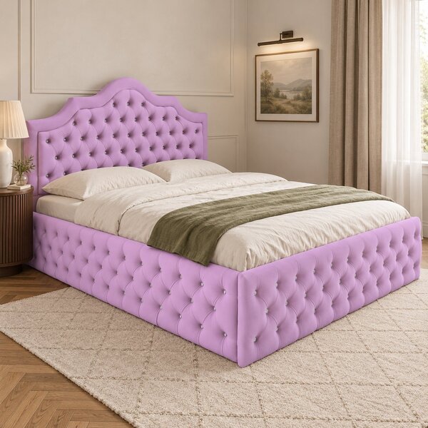 Pat tapițat Chesterfield din catifea Imperio Deluxe 140×200 cm, lila, cu ladă de depozitare