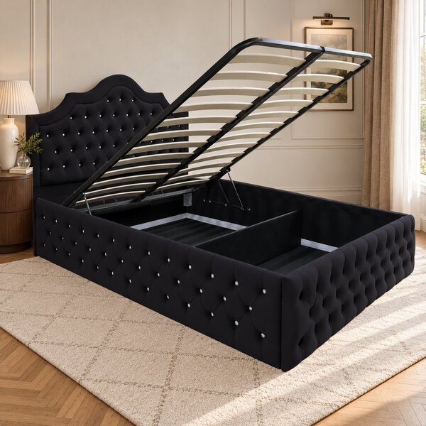 Pat tapițat Chesterfield din catifea Imperio Deluxe 140×200 cm, negru, cu ladă de depozitare