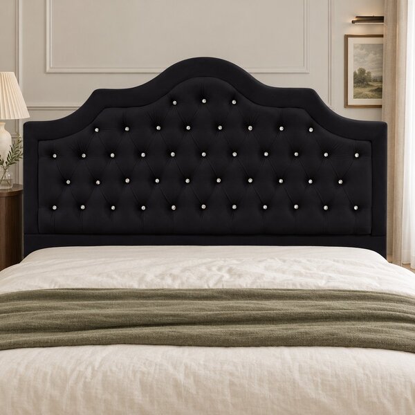 Pat tapițat Chesterfield din catifea Imperio Deluxe 140×200 cm, negru, cu ladă de depozitare