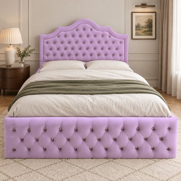 Pat tapițat Chesterfield din catifea Imperio Deluxe 140×200 cm, lila, cu ladă de depozitare