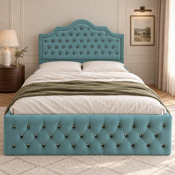 Pat tapițat Chesterfield din catifea Imperio Deluxe 140×200 cm, verde marin, cu ladă de depozitare