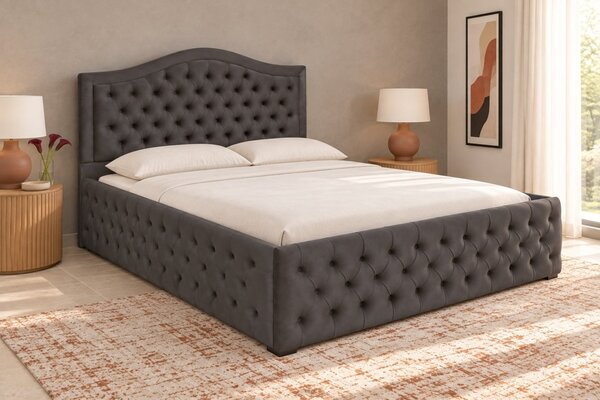 Pat tapițat Chesterfield din catifea Solaria Deluxe 120×200 cm, gri închis, cu ladă de depozitare