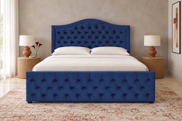 Pat tapițat Chesterfield din catifea Solaria Deluxe 120×200 cm, albastru, cu ladă de depozitare
