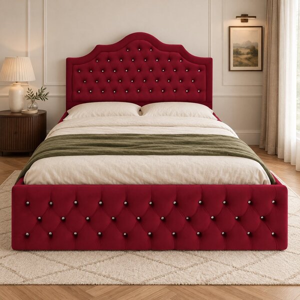 Pat tapițat Chesterfield din catifea Imperio Deluxe 140×200 cm, vișiniu, cu ladă de depozitare