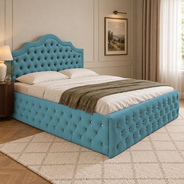 Pat tapițat Chesterfield din catifea Imperio Deluxe 140×200 cm, verde marin, cu ladă de depozitare