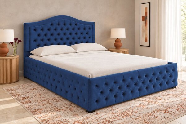 Pat tapițat Chesterfield din catifea Solaria Deluxe 120×200 cm, albastru, cu ladă de depozitare