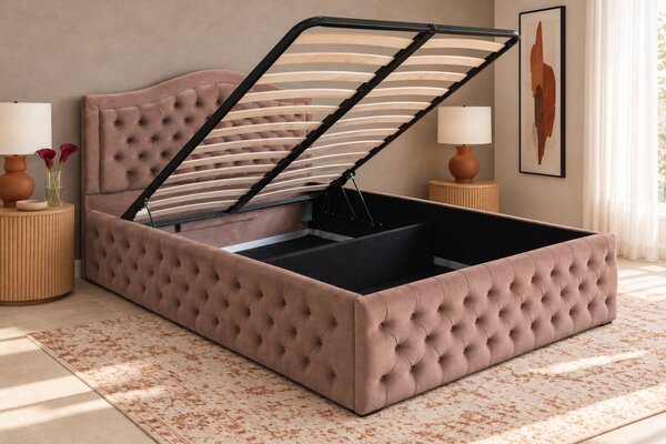 Pat tapițat Chesterfield din catifea Solaria Deluxe 120×200 cm, cappuccino, cu ladă de depozitare