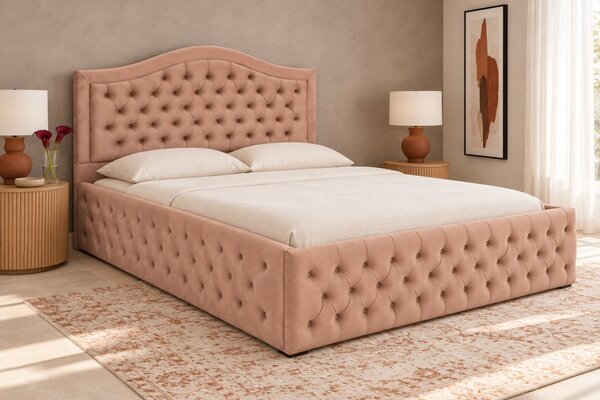 Pat tapițat Chesterfield din catifea Solaria Deluxe 120×200 cm, cappuccino, cu ladă de depozitare