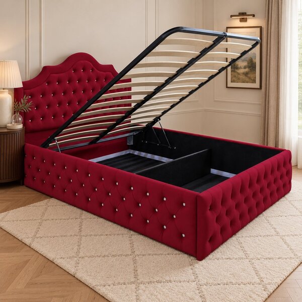 Pat tapițat Chesterfield din catifea Imperio Deluxe 140×200 cm, vișiniu, cu ladă de depozitare
