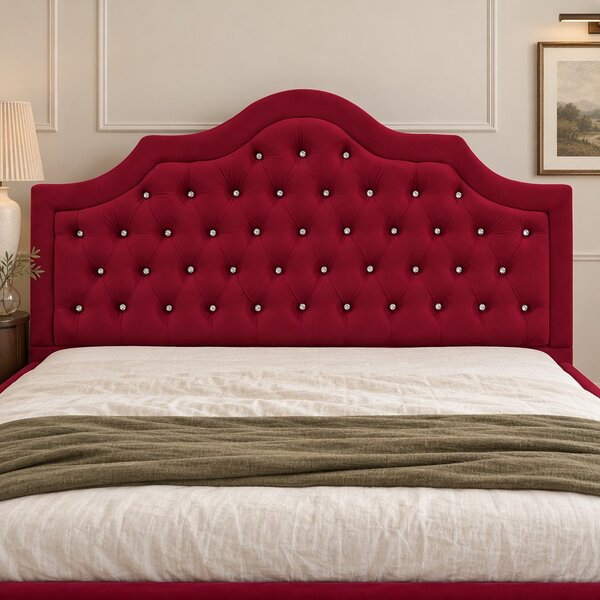 Pat tapițat Chesterfield din catifea Imperio Deluxe 140×200 cm, vișiniu, cu ladă de depozitare