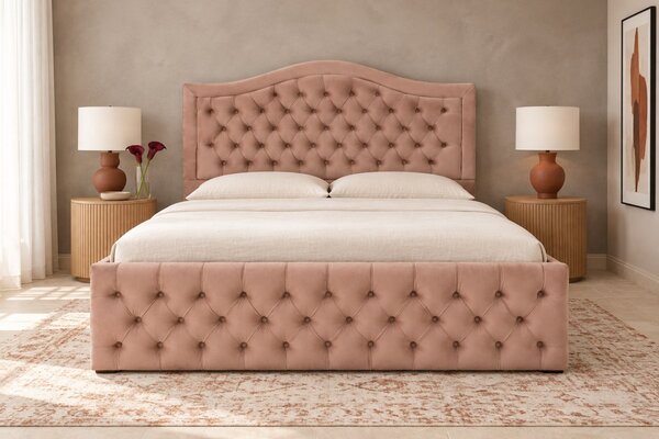 Pat tapițat Chesterfield din catifea Solaria Deluxe 120×200 cm, cappuccino, cu ladă de depozitare