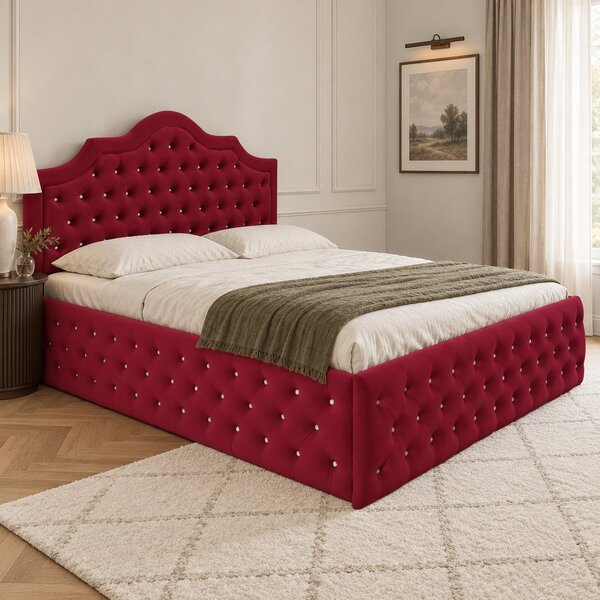 Pat tapițat Chesterfield din catifea Imperio Deluxe 140×200 cm, vișiniu, cu ladă de depozitare