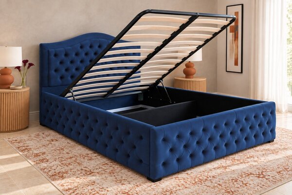 Pat tapițat Chesterfield din catifea Solaria Deluxe 120×200 cm, albastru, cu ladă de depozitare
