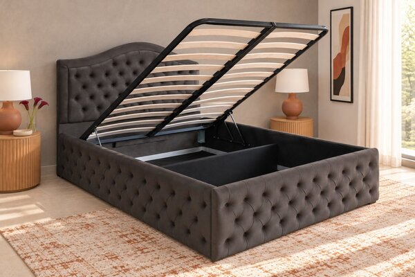 Pat tapițat Chesterfield din catifea Solaria Deluxe 120×200 cm, gri închis, cu ladă de depozitare