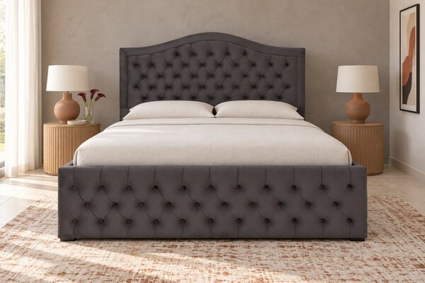 Pat tapițat Chesterfield din catifea Solaria Deluxe 120×200 cm, gri închis, cu ladă de depozitare