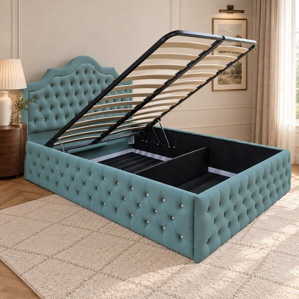 Pat tapițat Chesterfield din catifea Imperio Deluxe 140×200 cm, verde marin, cu ladă de depozitare