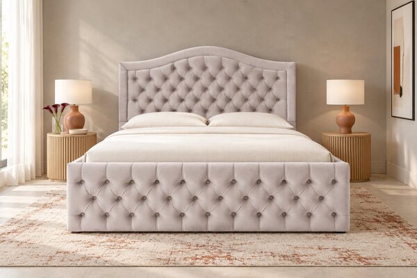 Pat tapițat Chesterfield din catifea Solaria Deluxe 120×200 cm, crem, cu ladă de depozitare