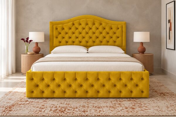 Pat tapițat Chesterfield din catifea Solaria Deluxe 120×200 cm, galben muștar, cu ladă de depozitare