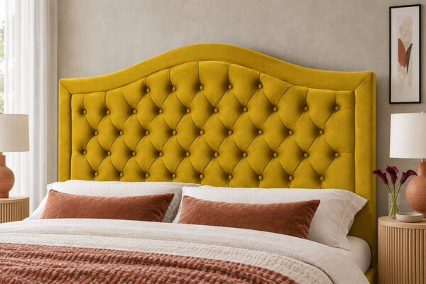 Pat tapițat Chesterfield din catifea Solaria Deluxe 120×200 cm, galben muștar, cu ladă de depozitare