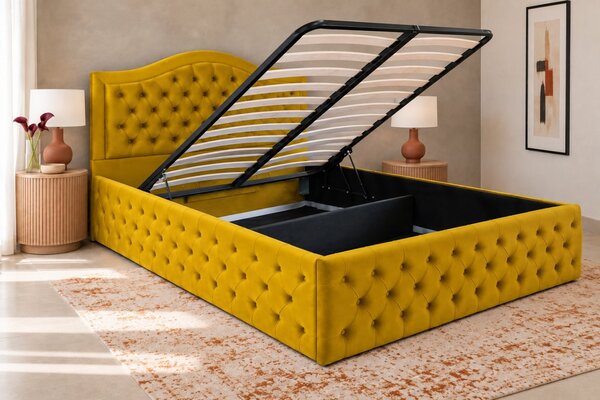 Pat tapițat Chesterfield din catifea Solaria Deluxe 120×200 cm, galben muștar, cu ladă de depozitare