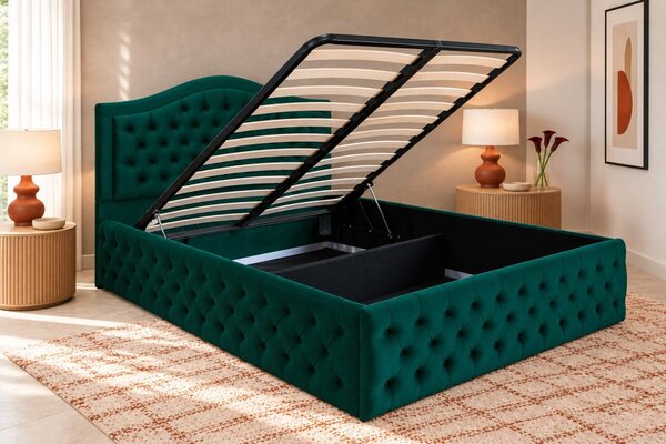 Pat tapițat Chesterfield din catifea Solaria Deluxe 120×200 cm, verde, cu ladă de depozitare