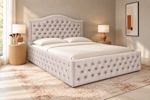 Pat tapițat Chesterfield din catifea Solaria Deluxe 120×200 cm, crem, cu ladă de depozitare