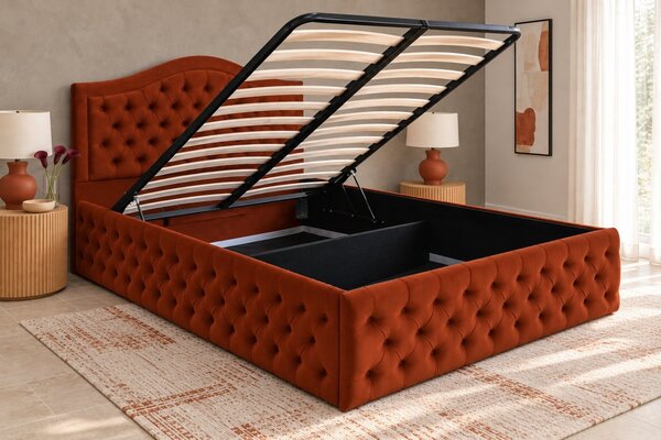 Pat tapițat Chesterfield din catifea Solaria Deluxe 120×200 cm, cărămiziu, cu ladă de depozitare