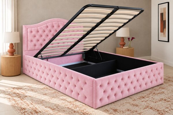 Pat tapițat Chesterfield din catifea Solaria Deluxe 120×200 cm, roz, cu ladă de depozitare