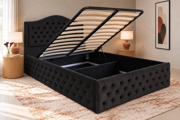 Pat tapițat Chesterfield din catifea Solaria Deluxe 120×200 cm, negru, cu ladă de depozitare