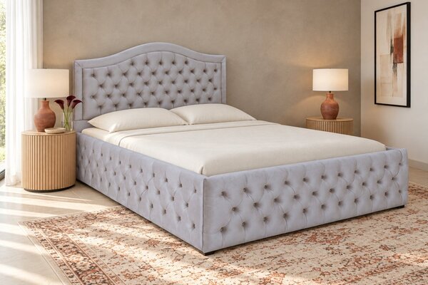 Pat tapițat Chesterfield din catifea Solaria Deluxe 120×200 cm, gri deschis, cu ladă de depozitare