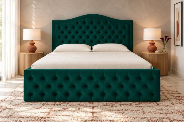 Pat tapițat Chesterfield din catifea Solaria Deluxe 120×200 cm, verde, cu ladă de depozitare