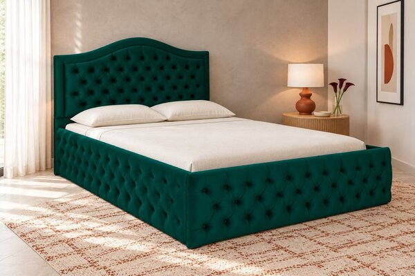 Pat tapițat Chesterfield din catifea Solaria Deluxe 120×200 cm, verde, cu ladă de depozitare