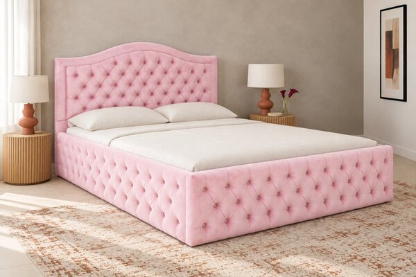 Pat tapițat Chesterfield din catifea Solaria Deluxe 120×200 cm, roz, cu ladă de depozitare