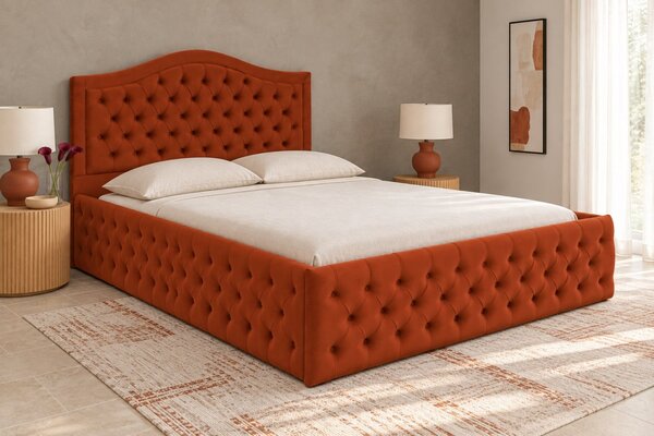 Pat tapițat Chesterfield din catifea Solaria Deluxe 120×200 cm, cărămiziu, cu ladă de depozitare