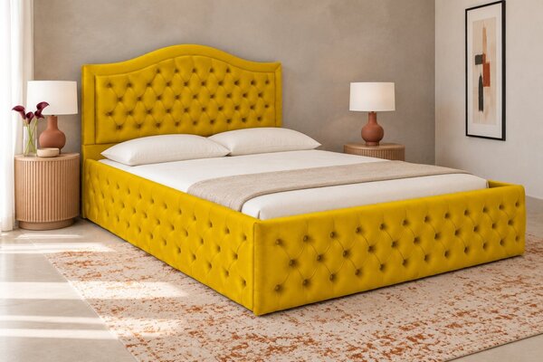 Pat tapițat Chesterfield din catifea Solaria Deluxe 120×200 cm, galben muștar, cu ladă de depozitare
