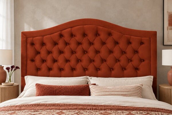 Pat tapițat Chesterfield din catifea Solaria Deluxe 120×200 cm, cărămiziu, cu ladă de depozitare