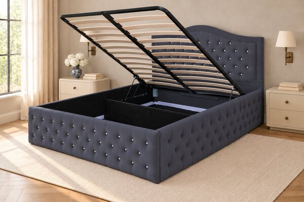 Pat tapițat Chesterfield din catifea Solaria Deluxe Cristal 120×200 cm, gri închis, cu ladă de depozitare