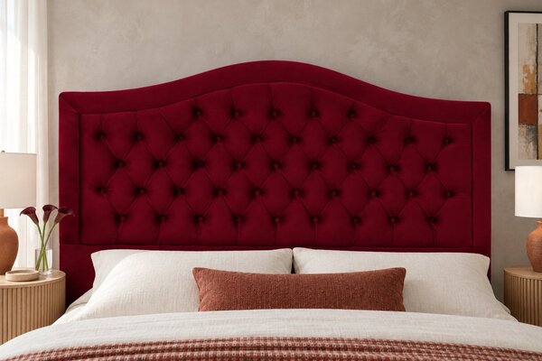Pat tapițat Chesterfield din catifea Solaria Deluxe 120×200 cm, vișiniu, cu ladă de depozitare